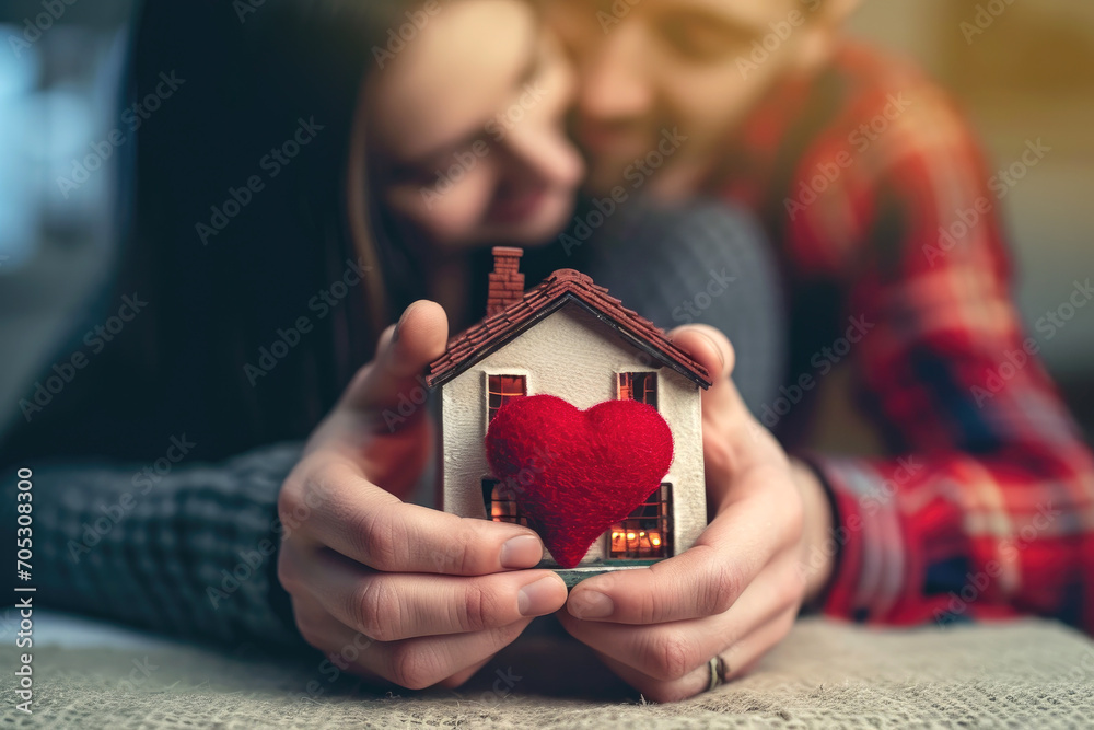Couple in love hugging and holding a miniature house with a red heart in their hands. House of lovers. Affordable housing for young families. Accommodation for lovers of couples. Valentine's day house - obrazy, fototapety, plakaty 