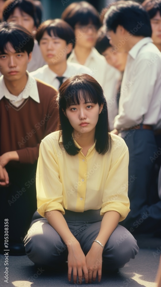 A young woman sits on the ground in front of a crowd of people