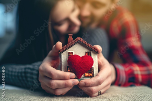 Couple in love hugging and holding a miniature house with a red heart in their hands. House of lovers. Affordable housing for young families. Accommodation for lovers of couples. Valentine's day house photo