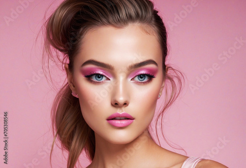 Fashion photoshoot showcasing a beautiful woman with sharp features, vibrant pink makeup, and striking lighting. Plenty of space for text.
