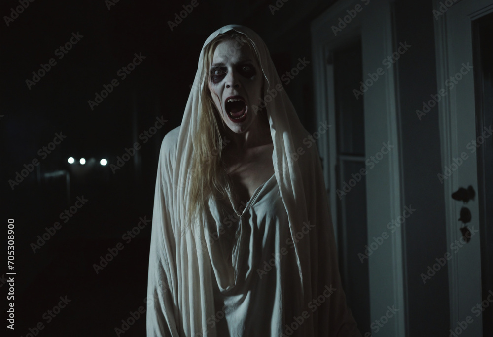 Nightmare horror film featuring a ghostly woman's death at a Halloween festival in a dark haunted house, with terrifying demons and evil spirits haunting the characters in a spooky wraith-themed setti Nightmare horror film featuring a ghostly woman's death at a Halloween festival in a dark haunted house, with terrifying demons and evil spirits haunting the characters in a spooky wraith-themed setti