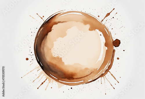 Coffee stain watercolor circle on white backdrop.