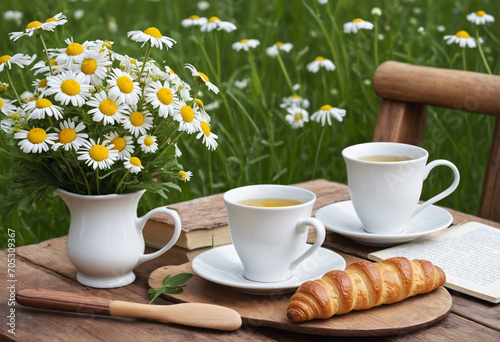 Summer relaxation in the garden with chamomile tea, wildflower bouquet, croissant, and books on a wooden table. Enjoy a peaceful breakfast, unwind with a healthy drink, and soak up the vacation vibes.