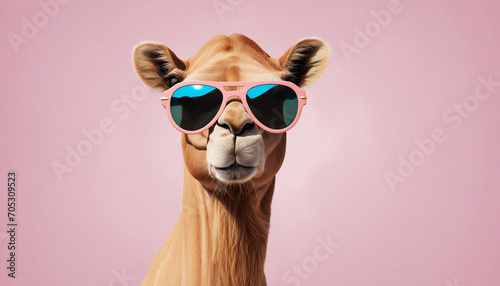 Camel wearing cool sunglasses on colorful backdrop, perfect for commercial or editorial ads, with a touch of surrealism.