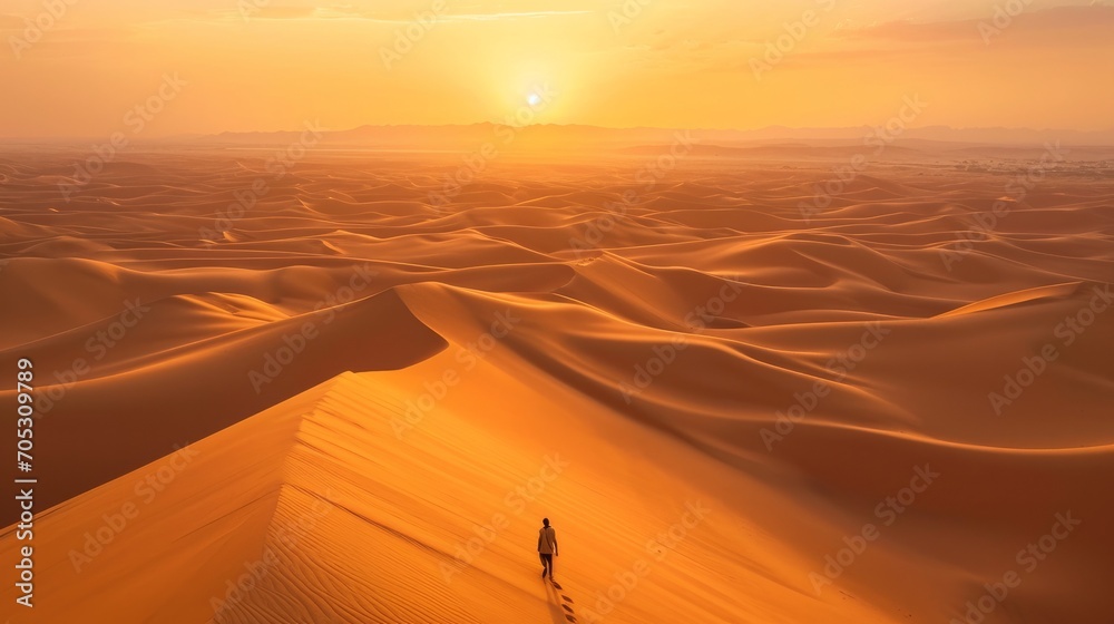 Aerial view of a person walking among the sand dunes in the desert of Dubai at sunset, United Arab Emirates