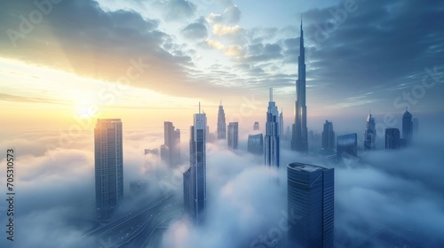Downtown Dubai with skyscrapers submerged in think fog. Picture taken from unique view. Tall buildings. Early morning glow photo