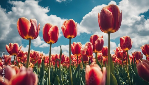 Colorful tulips against a blue sky with white clouds stock photoSpringtime Flower Backgrounds Tulip Agricultural #705310576