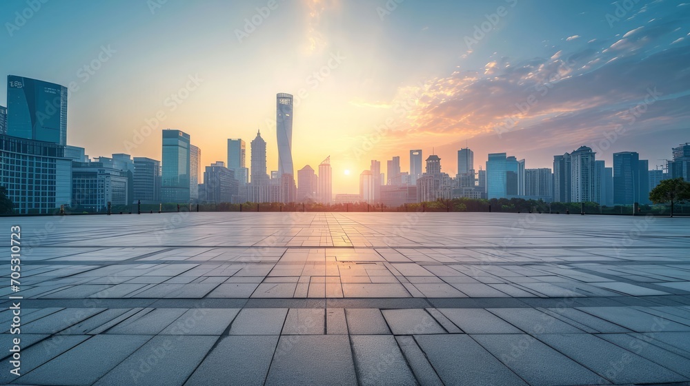 Empty square floors and city skyline with modern buildings at sunset in Suzhou, Jiangsu Province, China. high angle view Empty square floors and city skyline with modern buildings at sunset in Suzhou, Jiangsu Province, China. high angle view