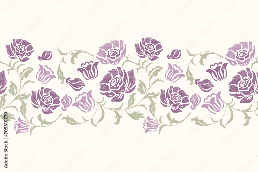 Floral pattern rose flower baroque style Europe. Rose embroidery motifs batik background border print template Ikat hand draw vector illustration. Pink violet Ink texture on white background.