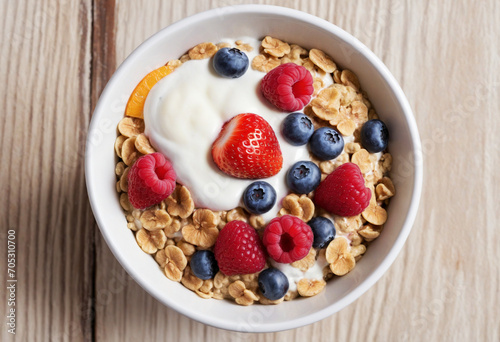 Granola with berries, yoghurt and fruits for breakfast. Cereal oatmeal with strawberries, blueberries and raspberries. Muesli with fruits and berries. Diet, healthy food concept