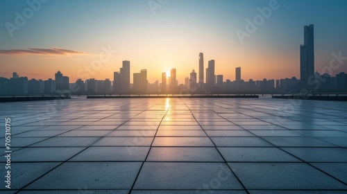 Empty square floors and city skyline with modern buildings at sunset in Suzhou  Jiangsu Province  China. high angle view