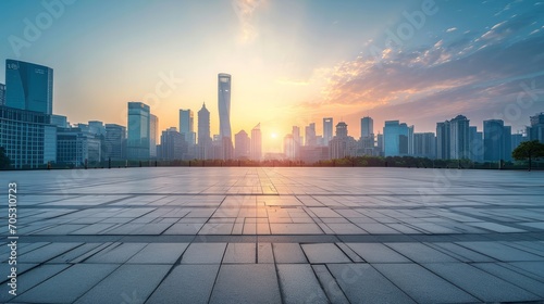 Empty square floors and city skyline with modern buildings at sunset in Suzhou, Jiangsu Province, China. high angle view photo