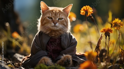 Orange Cat in Zen-like State in a Field of Flowers