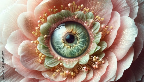 abstract floral collage with pink petals and eye photo