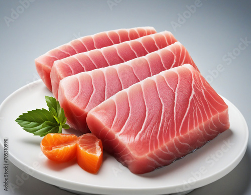 Fresh tuna sashimi on a white backdrop. Sliced raw tuna.