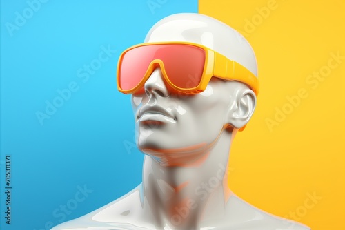 Minimal human head sculpture wearing sunglasses, bright colorful background, 3d render