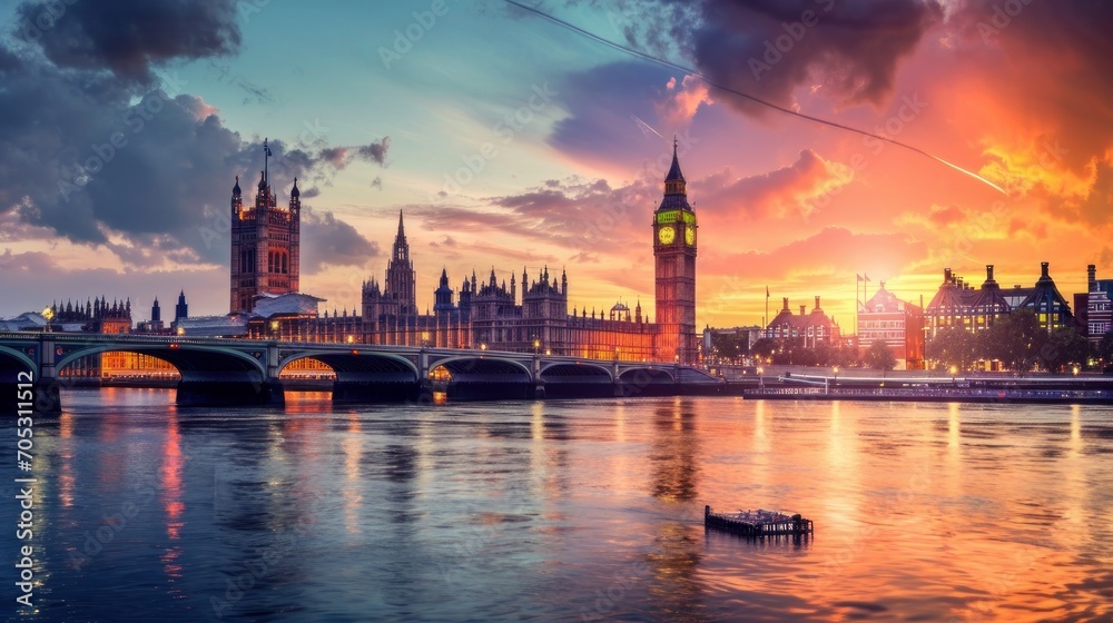 London cityscape with Houses of Parliament and Big Ben tower at sunset, UK - obrazy, fototapety, plakaty 