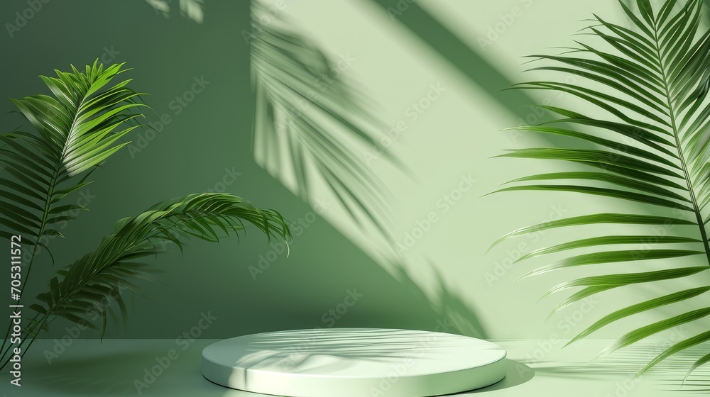 Minimal abstract background for the presentation of a cosmetic product. Empty premium podium with a shadow of tropical palm leaves on a green background. Showcase, display case Minimal abstract background for the presentation of a cosmetic product. Empty premium podium with a shadow of tropical palm leaves on a green background. Showcase, display case