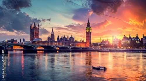 London cityscape with Houses of Parliament and Big Ben tower at sunset, UK photo