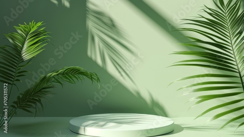 Minimal abstract background for the presentation of a cosmetic product. Empty premium podium with a shadow of tropical palm leaves on a green background. Showcase  display case