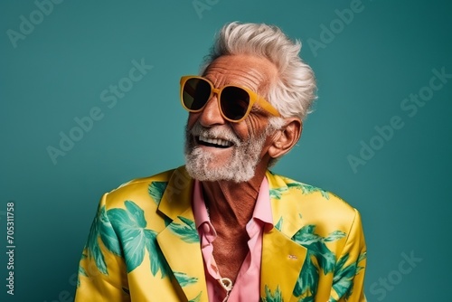 Portrait of a happy senior man in sunglasses on a blue background