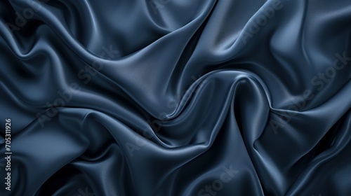 Silk satin fabric. Navy blue color. Abstract dark elegant background with space for design. Soft wavy folds. Drapery. Gradient. Light lines. Shiny. Shimmer. Glow.Template. Wide banner. Panoramic