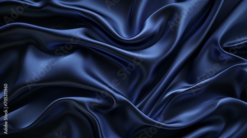 Silk satin fabric. Navy blue color. Abstract dark elegant background with space for design. Soft wavy folds. Drapery. Gradient. Light lines. Shiny. Shimmer. Glow.Template. Wide banner. Panoramic