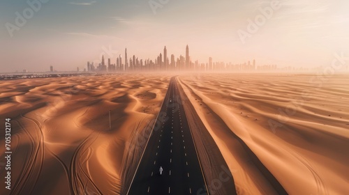 View from above, stunning aerial view of an unidentified person walking on a deserted road covered by sand dunes with the Dubai Skyline in the background. Dubai, United Arab Emirates