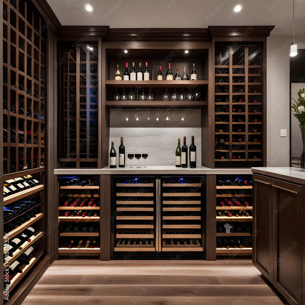 Contemporary wine cooler room in a luxurious house, featuring wooden furniture, clean lines, and a stylish wine storage shelf.