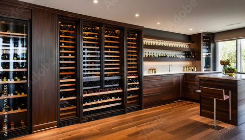 Contemporary wine cooler room in a luxurious house  featuring wooden furniture  clean lines  and a stylish wine storage shelf.