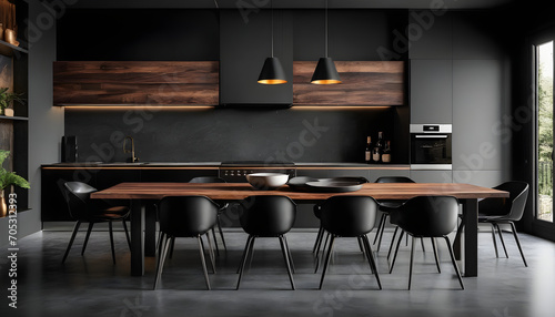 Luxury kitchen interior design with black walls, concrete floor, dark wooden countertops, black cupboards and dining table with black chairs © Antonio Giordano