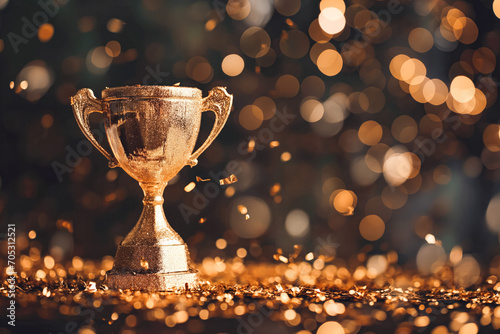 Achievement in education awards concept. Golden trophy on black background with confetti and sparkles. Winning and victory concept.