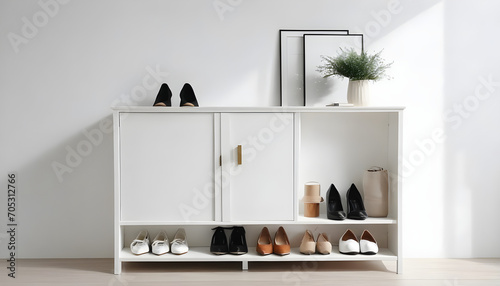 Stylish storage cabinet with different pairs of shoes near white wall in hall