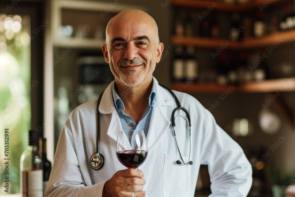 Smiling doctor with glass of red wine, wearing a lab coat. Smiling doctor with glass of red wine, wearing a lab coat.