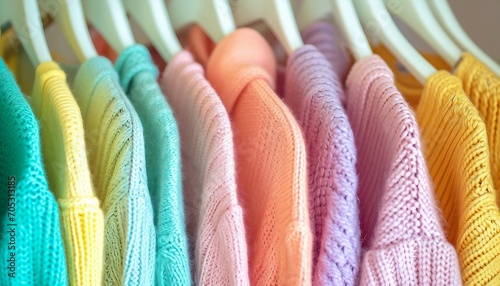 Bunch of knitted warm pastel color sweaters with different vertical knitting patterns hanging on the rack, clearly visible texture, Colorful selection of clothes for men and women