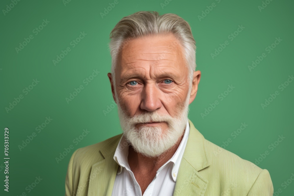 Portrait of senior man with grey beard and mustache on green background Portrait of senior man with grey beard and mustache on green background