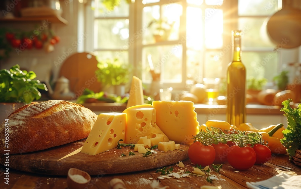 High quality different cheeses with rich textures and varying shades on a wooden kitchen table High quality different cheeses with rich textures and varying shades on a wooden kitchen table