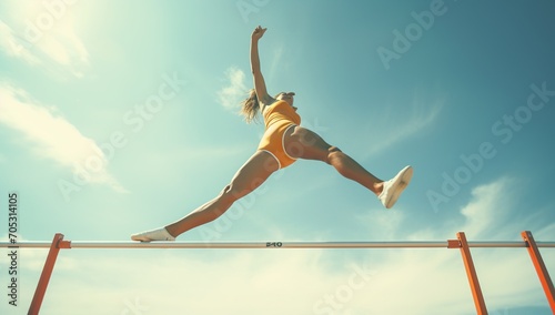Young caucasian woman gymnast doing gymnastics on horizontal bar photo