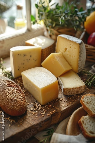 High quality different cheeses with rich textures and varying shades on a wooden kitchen table