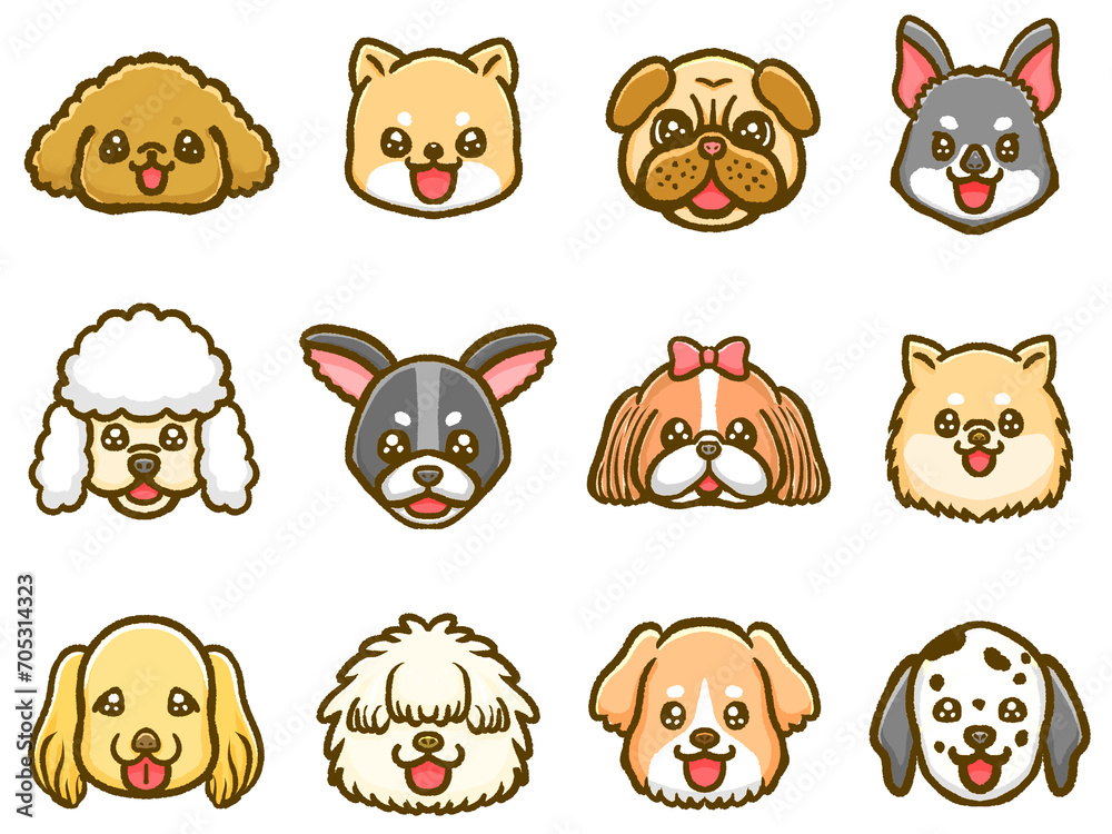 色んな犬種の顔アイコンイラスト素材セット