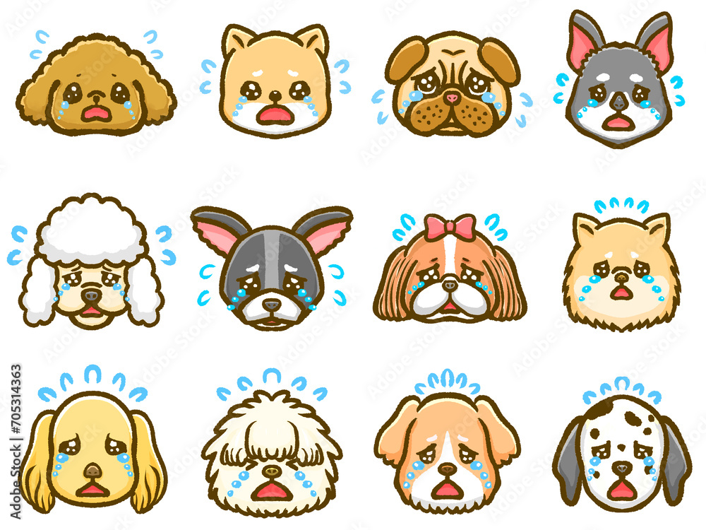 色んな犬種の泣き顔アイコンイラスト素材セット 色んな犬種の泣き顔アイコンイラスト素材セット