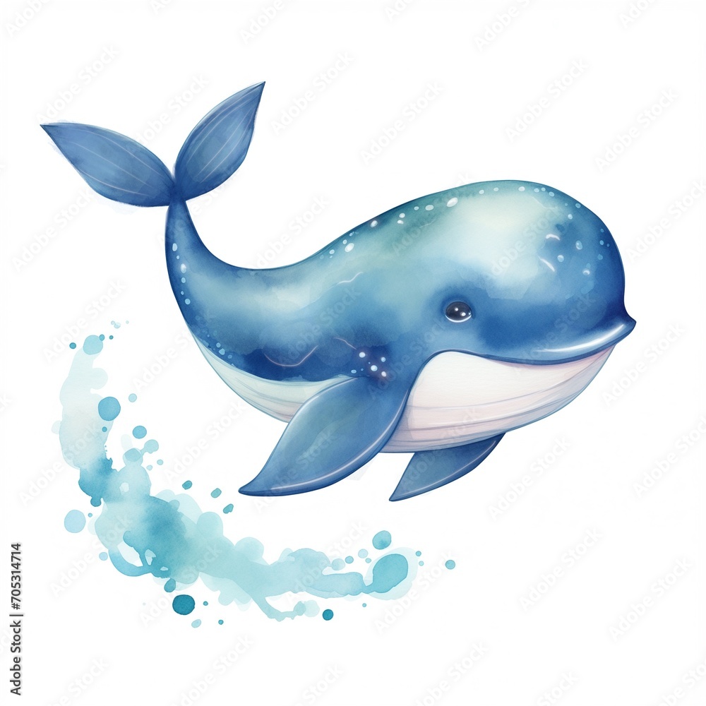 Fototapeta premium Cute blue whale in watercolor technique, big and to the point smiling whale 