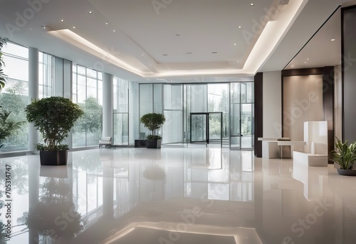 Hotel or office building lobby blur background interior view toward reception hall modern luxury white room space with blurry corridor and building glass wall window stock photoBank Financial