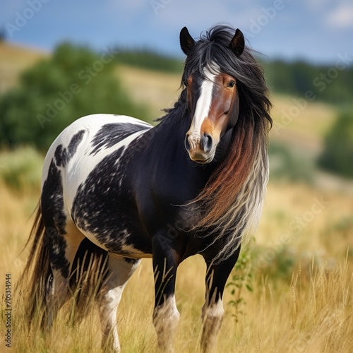 A Pinto Horse Standing in a Field of Tall Grass photo