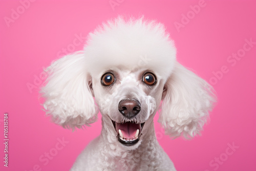 surprised white poodle on a solid pink background