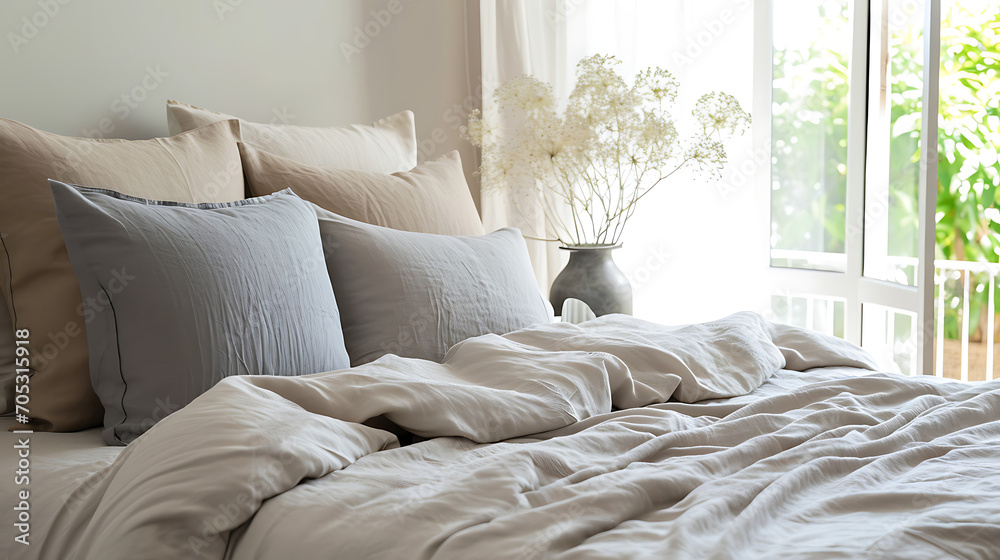 Pastel beige and grey bedding on bed. Minimalist, french country interior design of modern bedroom Pastel beige and grey bedding on bed. Minimalist, french country interior design of modern bedroom