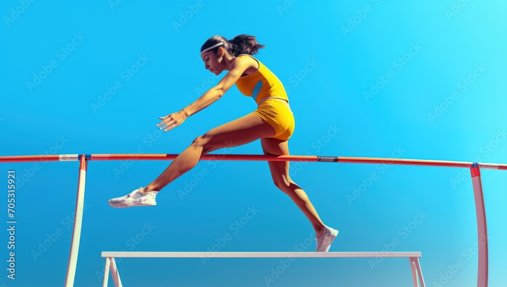 Female hurdler jumping over hurdle during track and field event Female hurdler jumping over hurdle during track and field event
