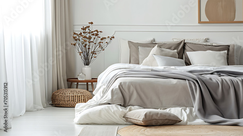 Pastel beige and grey bedding on bed. Minimalist, french country interior design of modern bedroom