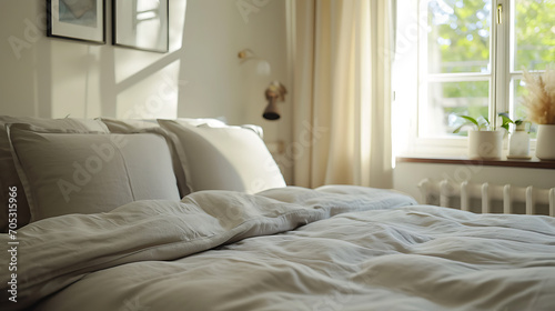 Pastel beige and grey bedding on bed. Minimalist, french country interior design of modern bedroom © Alin