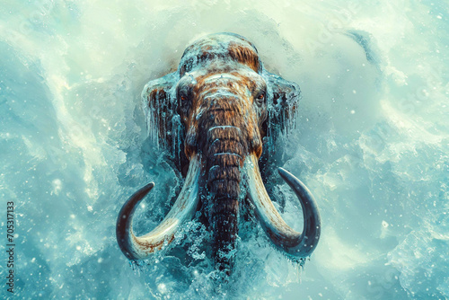 Woolly mammoth frozen in ice, cloning concept, preserved extinct prehistoric animal body